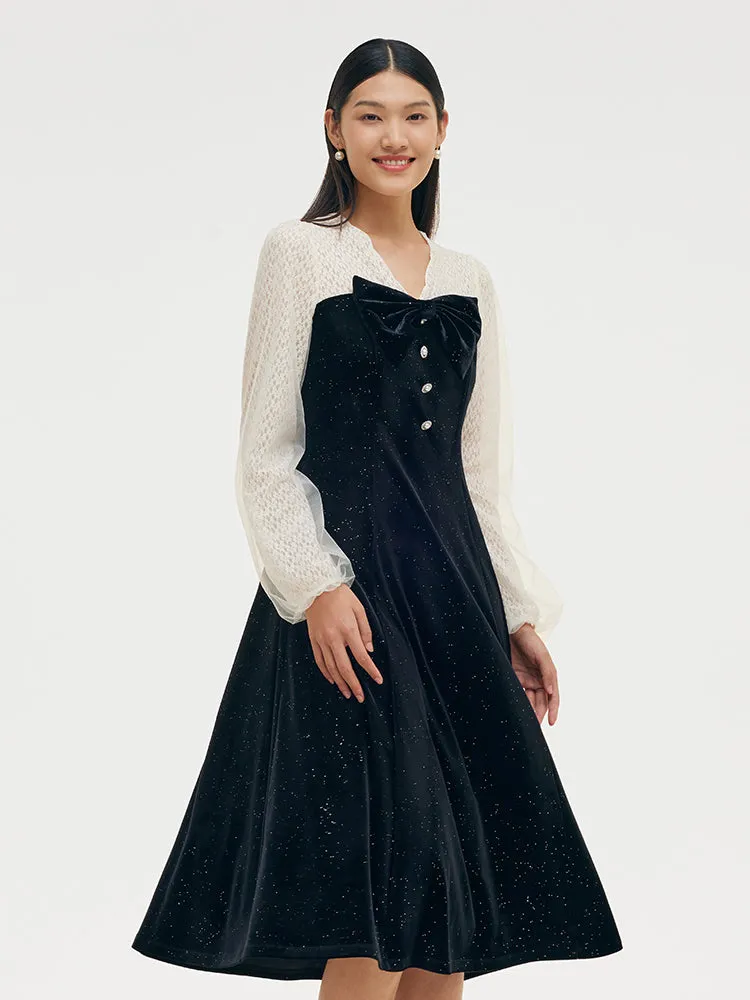 Velvet Patchwork Women Midi Dress With Detachable Bowknot sold by Goelia