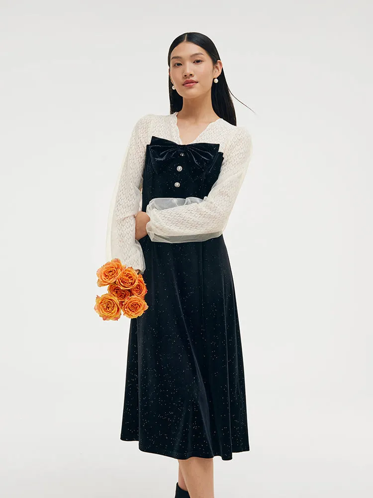 Velvet Patchwork Women Midi Dress With Detachable Bowknot sold by Goelia product image thumbnail 4