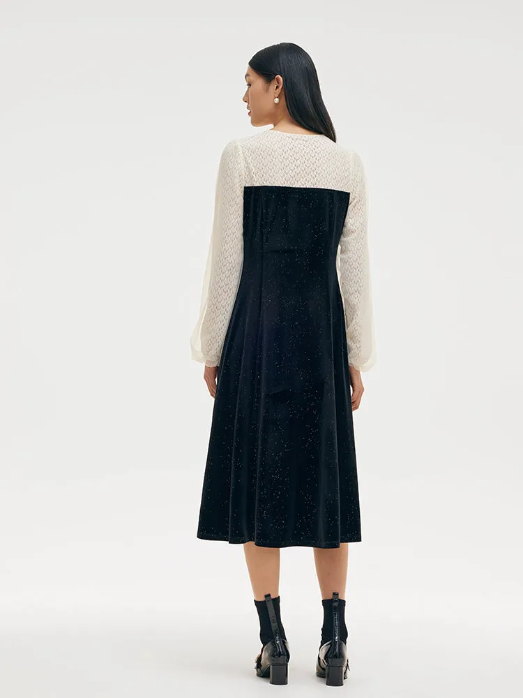 Velvet Patchwork Women Midi Dress With Detachable Bowknot sold by Goelia product image thumbnail 3