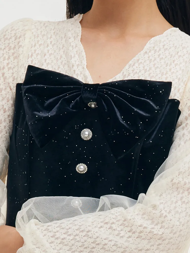 Velvet Patchwork Women Midi Dress With Detachable Bowknot sold by Goelia product image thumbnail 5