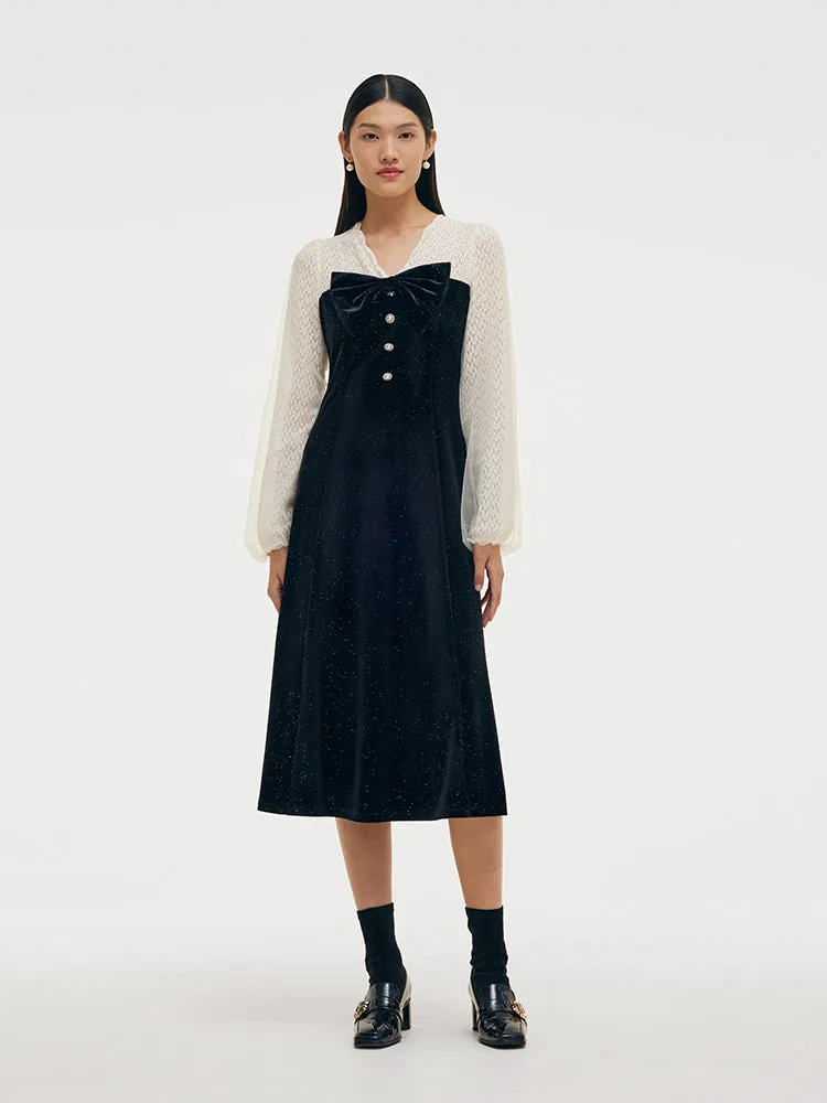 Velvet Patchwork Women Midi Dress With Detachable Bowknot sold by Goelia product image thumbnail 2