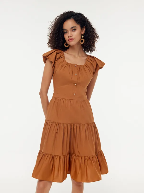 100% Cotton Ruffle Sleeve Gathered Waist Women Mini Dress sold by Goelia