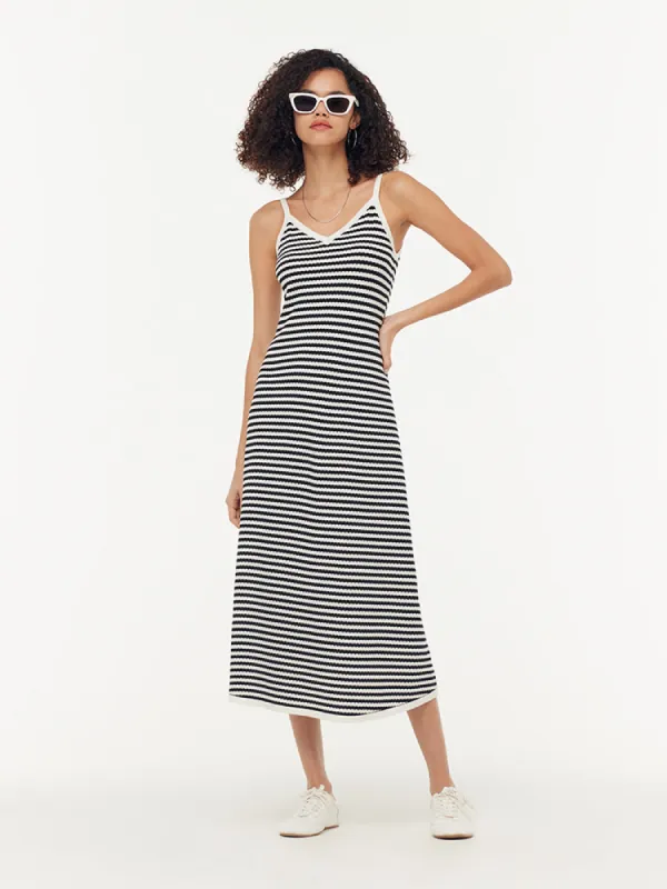 Tencel Beige And Black Stripe Women Knit Strap Maxi Dress made by Goelia