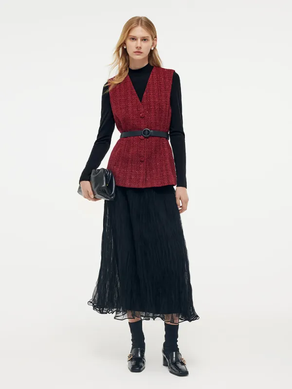 Tweed Vest And Midi Skirt And Knit Top Three-Piece Set With Belt sold by Goelia