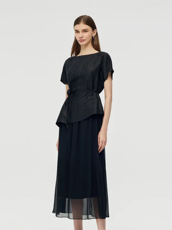 Xiang Yun Silk Top And Midi Skirt Two-Piece Set With Belt sold by Goelia
