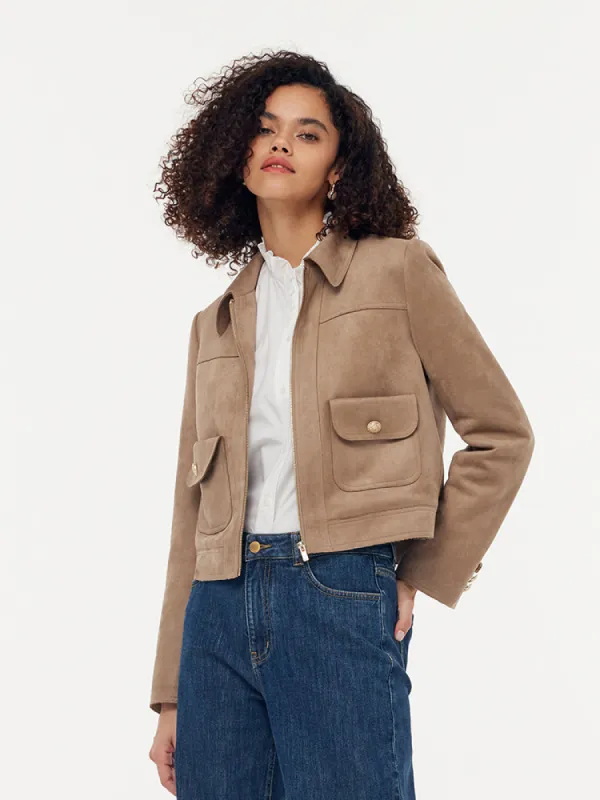 Faux Suede Zip-Up Women Lined Crop Jacket sold by Goelia