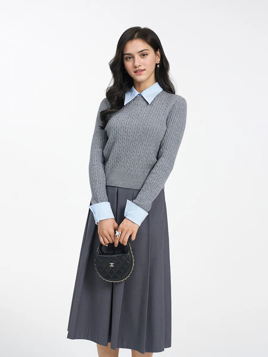 Crew Neck Sweater And Pleated Midi Skirt Two-Piece Set sold by Goelia