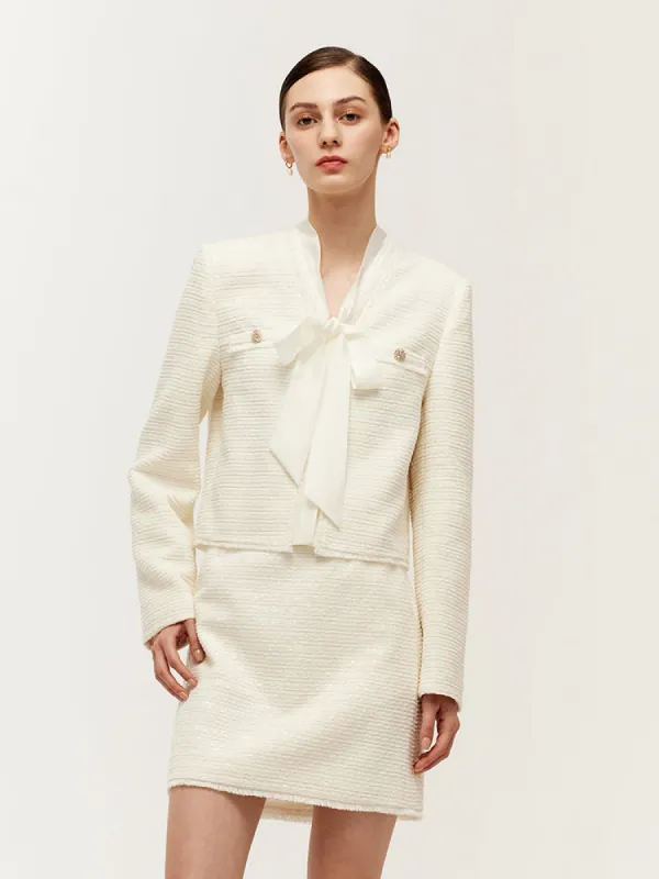 Tweed Bow Tie Neck Jacket And Mini Skirt Two-Piece Set sold by Goelia