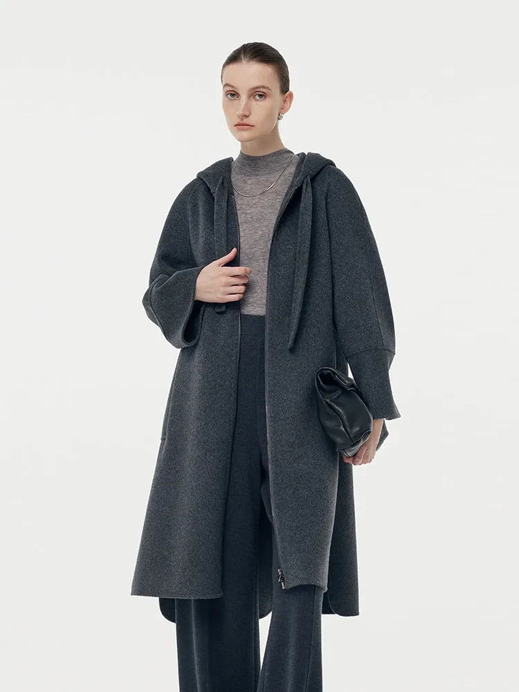 100% Wool Double-Faced Hooded Zip-Up Women Overcoat sold by Goelia