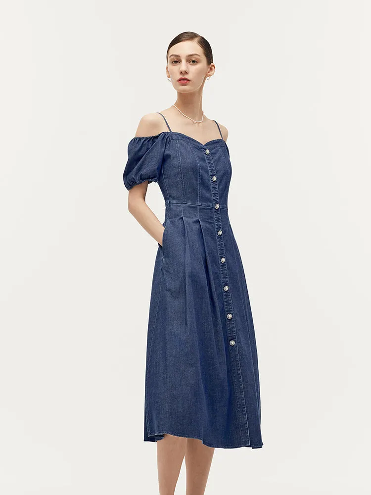 Lyocell Denim Gathered Waist Stretch Women Midi Dress sold by Goelia product image thumbnail 5