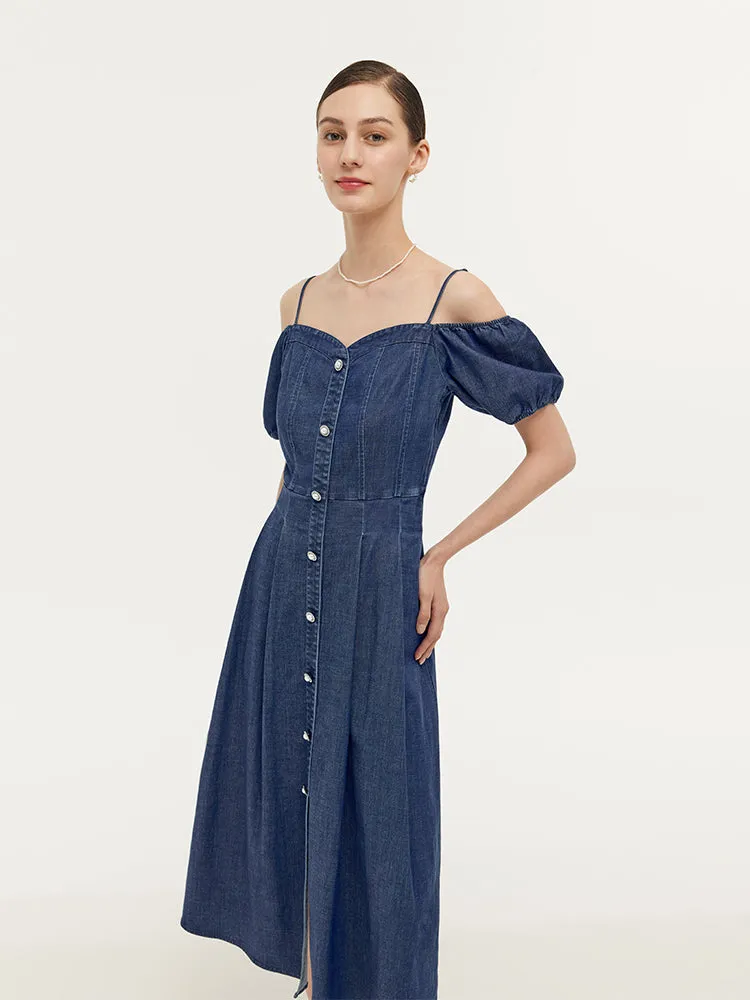 Lyocell Denim Gathered Waist Stretch Women Midi Dress sold by Goelia product image thumbnail 4