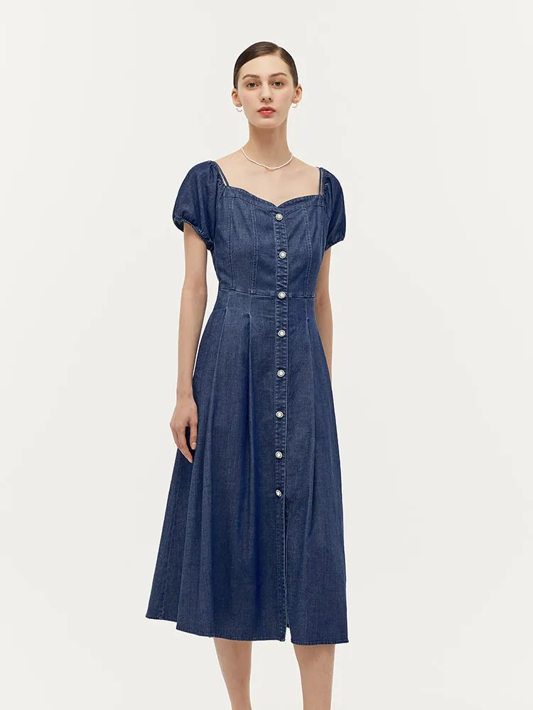 Lyocell Denim Gathered Waist Stretch Women Midi Dress sold by Goelia