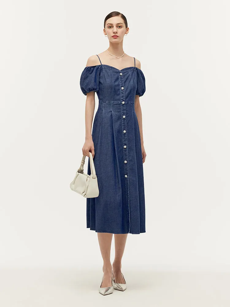 Lyocell Denim Gathered Waist Stretch Women Midi Dress sold by Goelia product image thumbnail 2