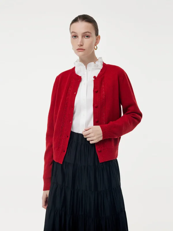Wool Round Neck Openwork Women Knit Cardigan sold by Goelia
