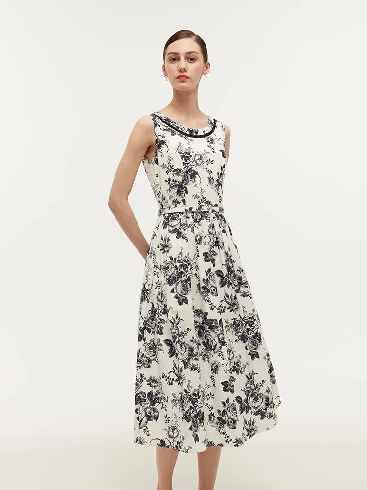 Tencel Print Gathered Waist Women Midi Vest Dress With Belt sold by Goelia