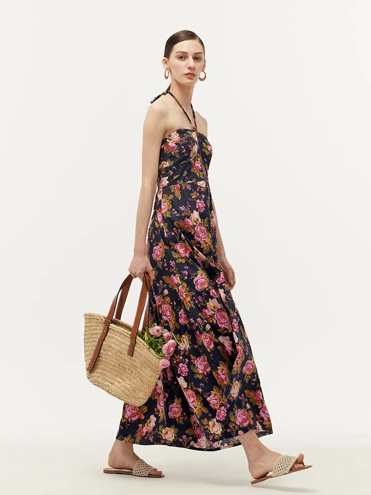 Rose Print Women Halter Maxi Dress With Detachable Chest Pads sold by Goelia