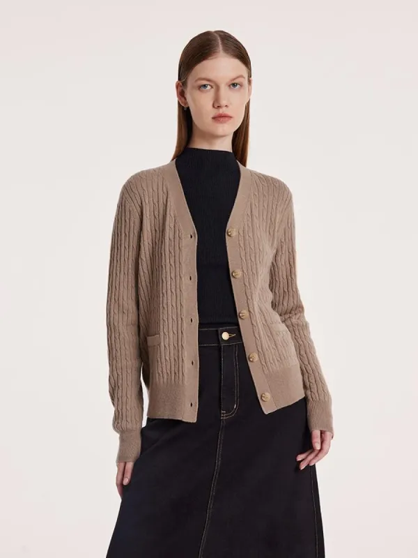 Camel Pure Cashmere V-Neck Cable Knit Women Cardigan sold by Goelia