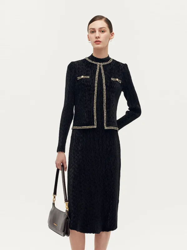 Velvet Pleated Cardigan And Vest Midi Dress Two-Piece Set sold by Goelia