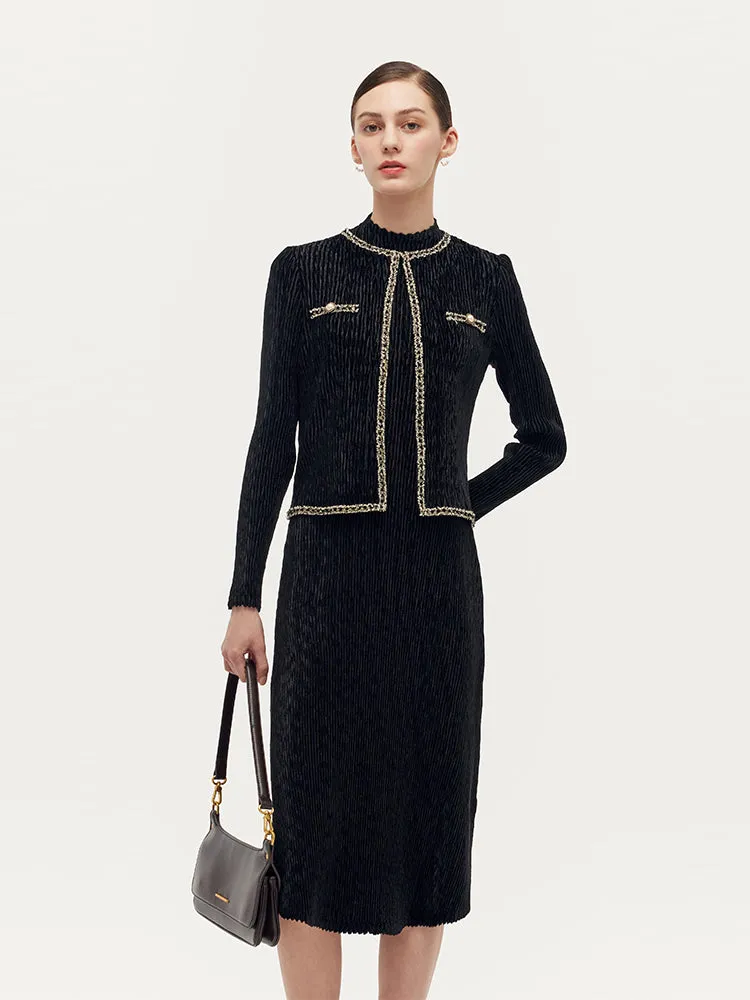 Velvet Pleated Cardigan And Vest Midi Dress Two-Piece Set sold by Goelia