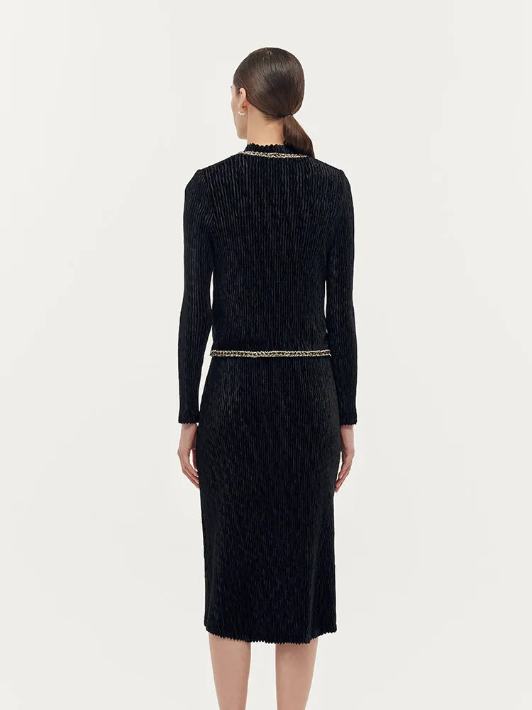 Velvet Pleated Cardigan And Vest Midi Dress Two-Piece Set sold by Goelia product image thumbnail 4