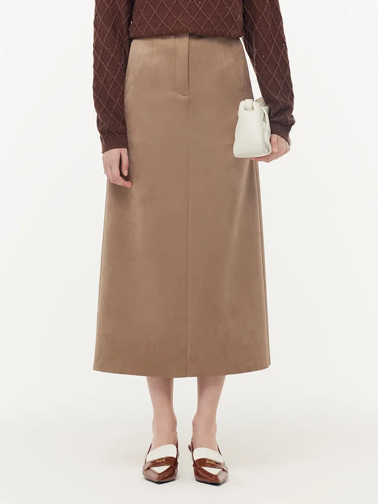 Faux Suede Back Slit Women Midi Skirt sold by Goelia