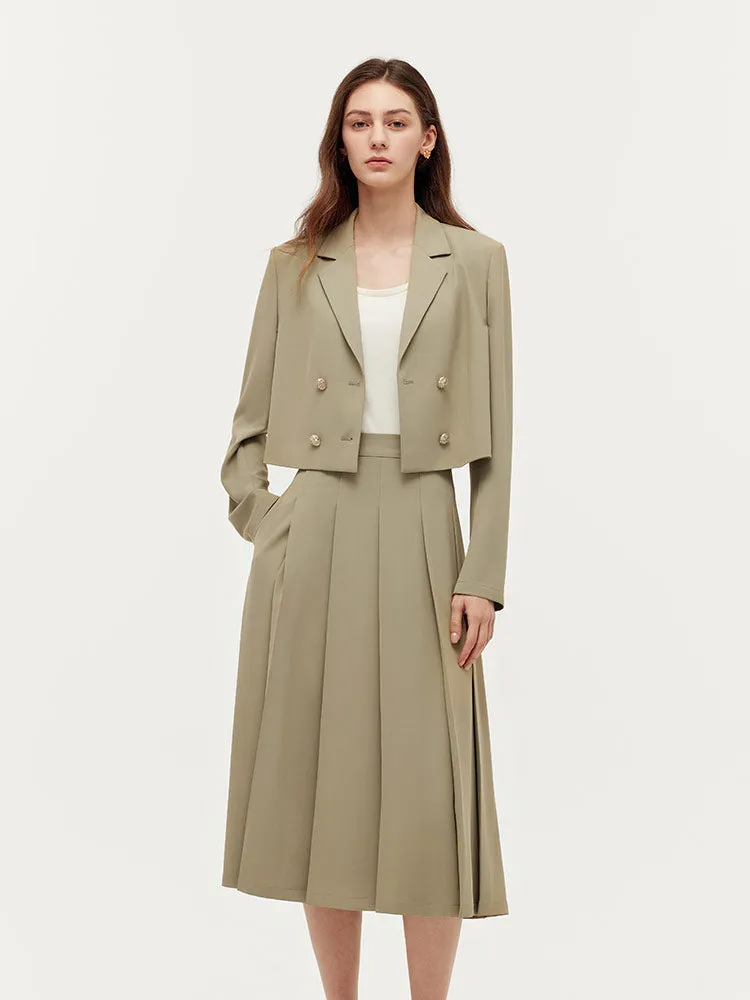 Crop Blazer And Camisole And Pleated Midi Skirt Three-Piece Set sold by Goelia