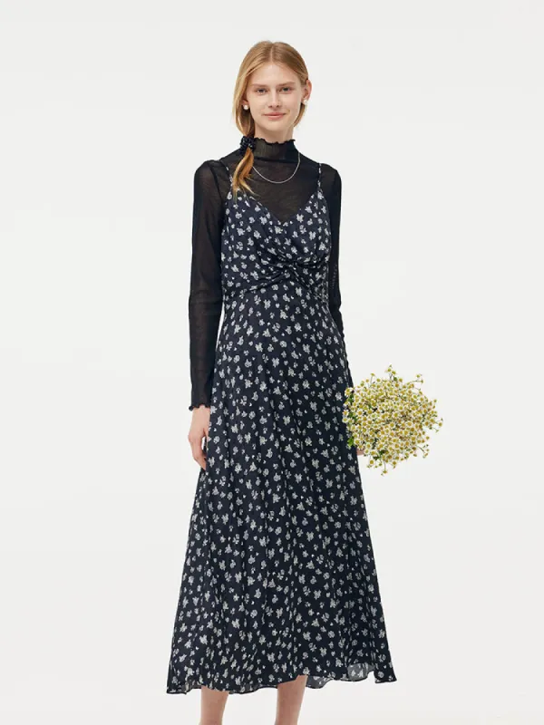 Floral Print Strap Maxi Dress And Knit Top Two-Piece Set sold by Goelia