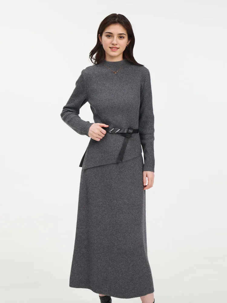 Wool Blend Mock Neck Sweater And A-Line Skirt Two-Piece Set With Belt sold by Goelia
