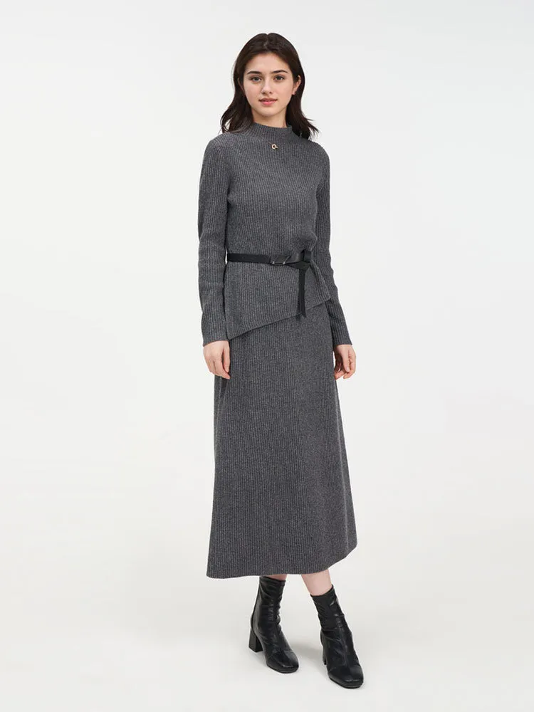 Wool Blend Mock Neck Sweater And A-Line Skirt Two-Piece Set With Belt sold by Goelia product image thumbnail 2