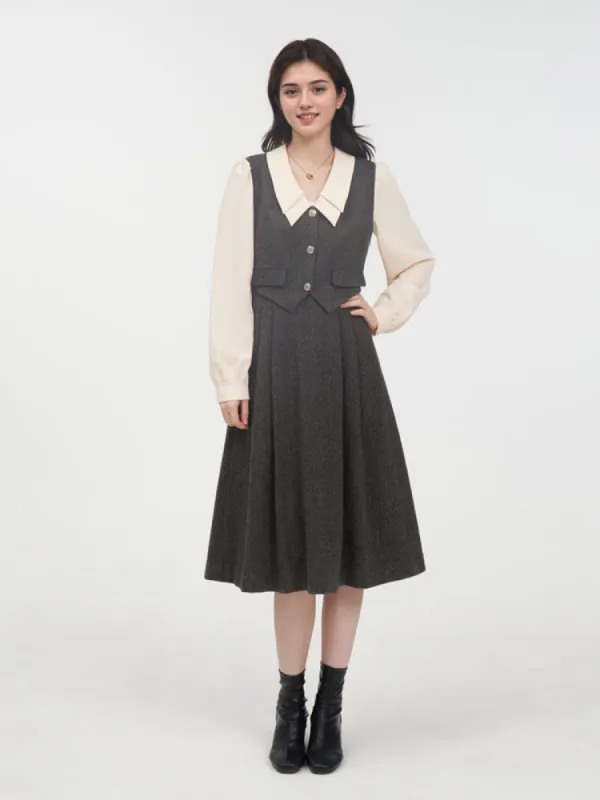 100% Washable Wool Patchwork Women Midi Dress sold by Goelia