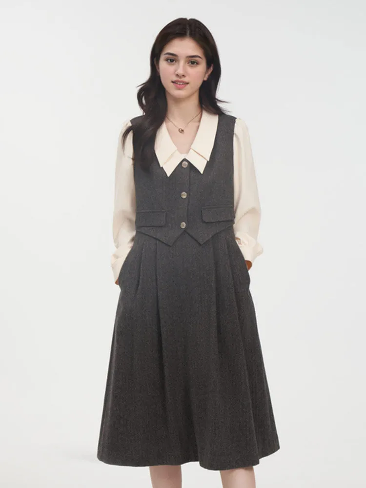 100% Washable Wool Patchwork Women Midi Dress sold by Goelia product image thumbnail 2