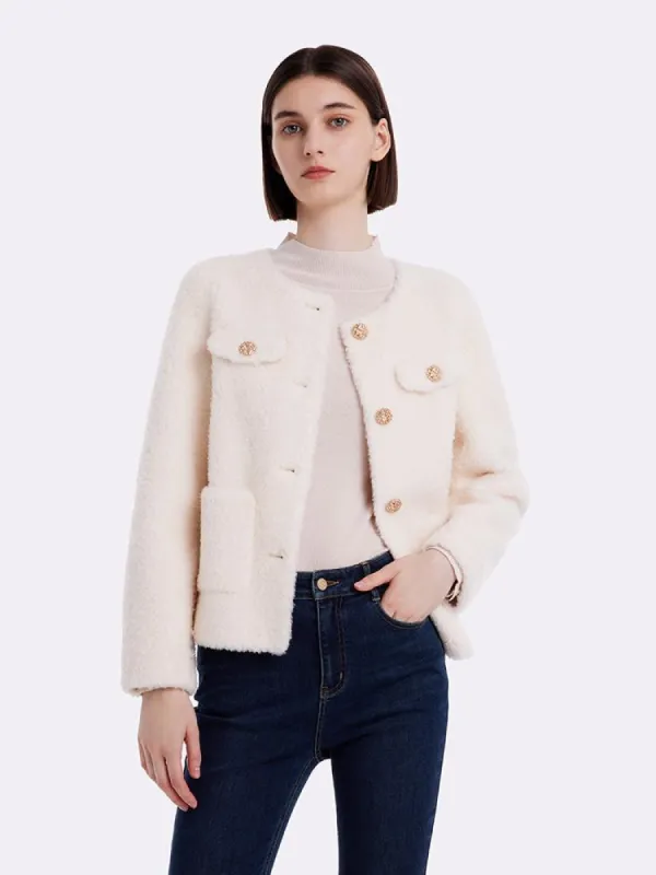 Lamb Wool Round Neck Crop Women Coat sold by Goelia