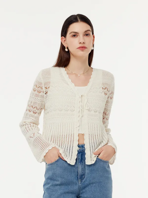 Linen Cotton Openwork Tie Front Women Cardigan sold by Goelia