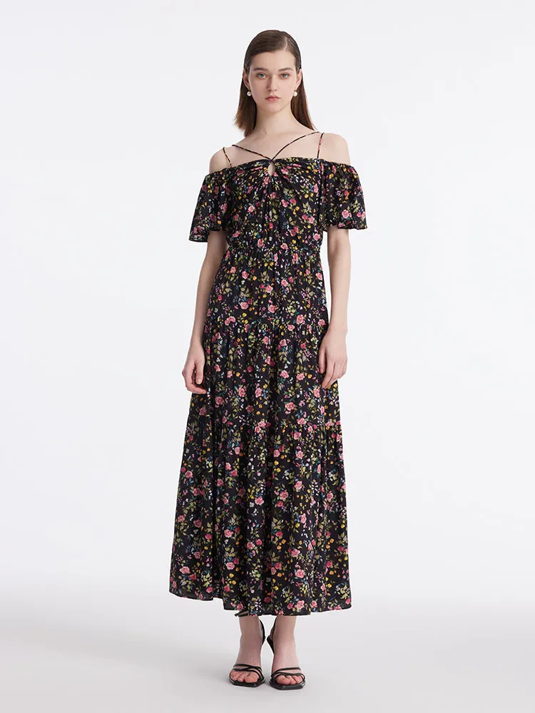 16 Momme Mulberry Silk Rose Print Off Shoulder Women Maxi Dress sold by Goelia product image thumbnail 3