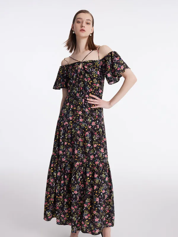 16 Momme Mulberry Silk Rose Print Off Shoulder Women Maxi Dress made by Goelia