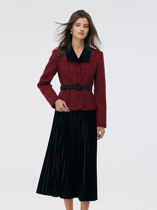 Wool Blend Sequins Jacket And Velvet Pleat Skirt Two-Piece Set With Belt sold by Goelia