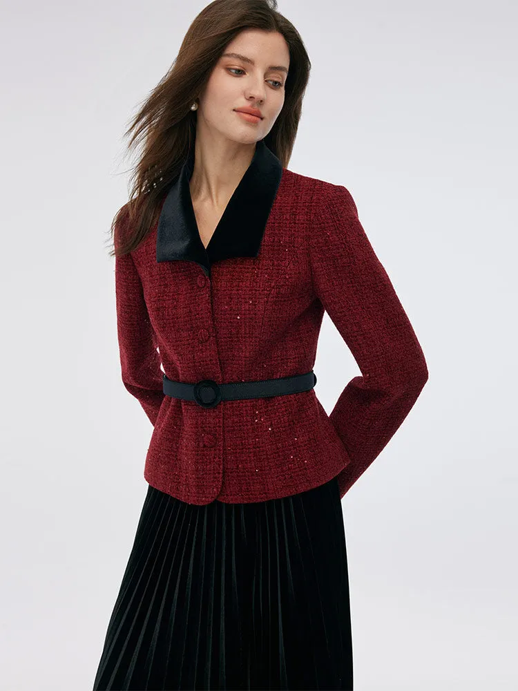 Wool Blend Sequins Jacket And Velvet Pleat Skirt Two-Piece Set With Belt sold by Goelia product image thumbnail 5