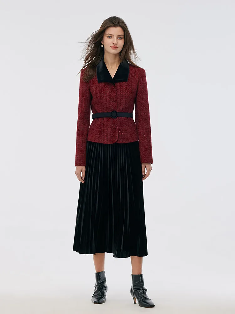 Wool Blend Sequins Jacket And Velvet Pleat Skirt Two-Piece Set With Belt sold by Goelia product image thumbnail 3