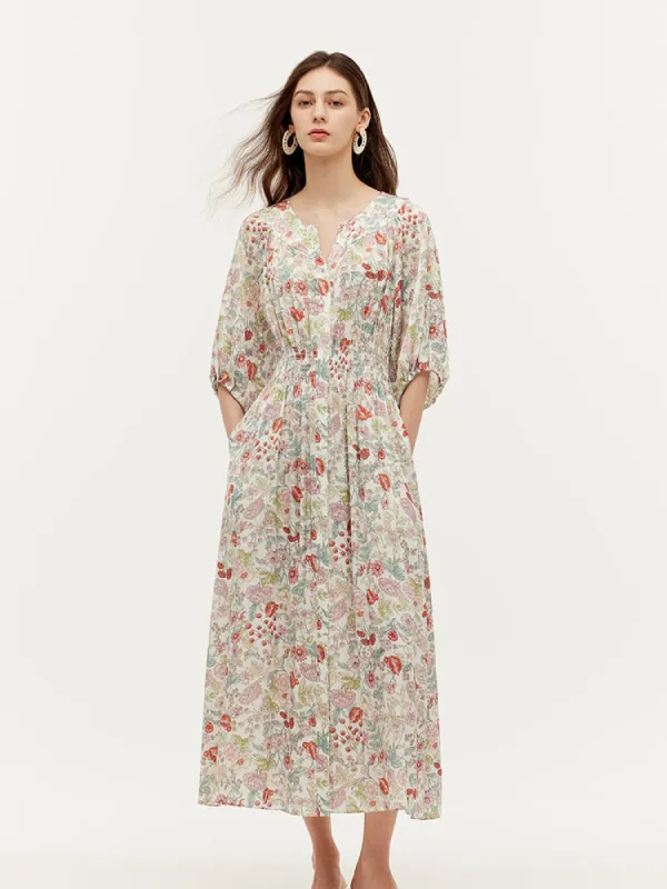19 Momme Mulberry Silk Floral Print Ruched Waist Women Maxi Dress sold by Goelia