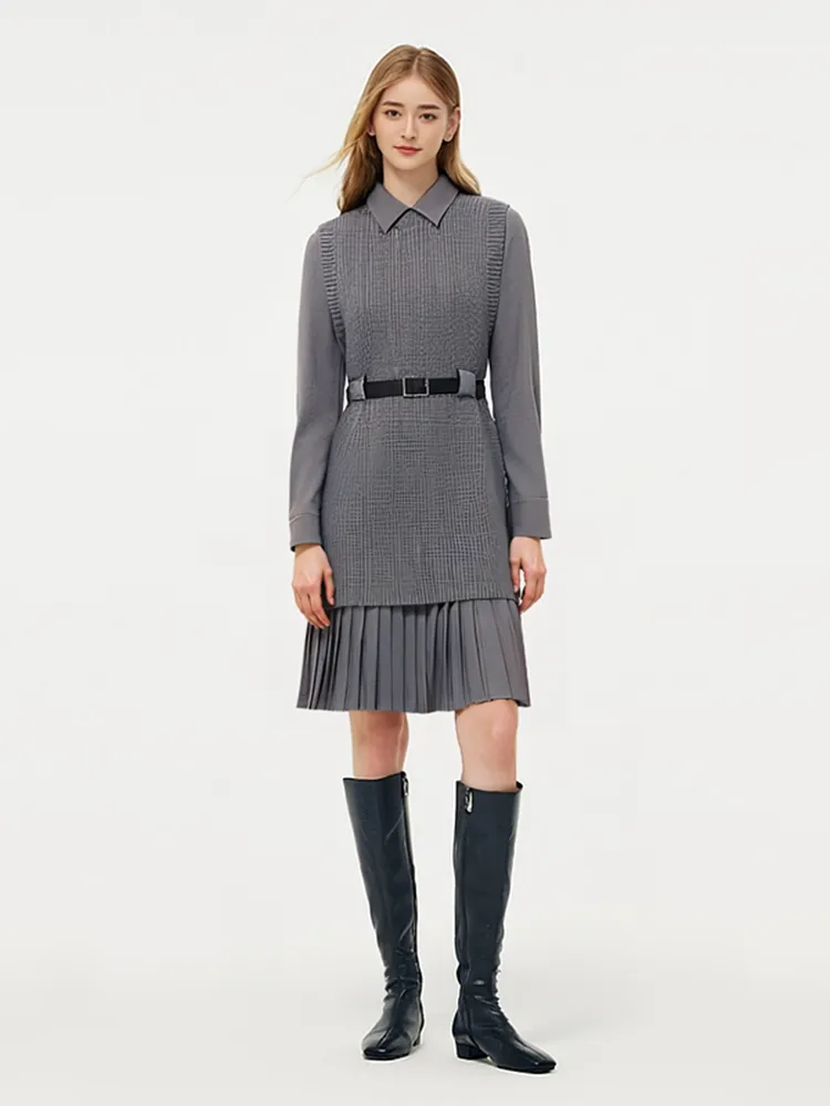 Wool Blend Knit Vest And Shirt Mini Dress Two-Piece Set With Belt sold by Goelia product image thumbnail 2