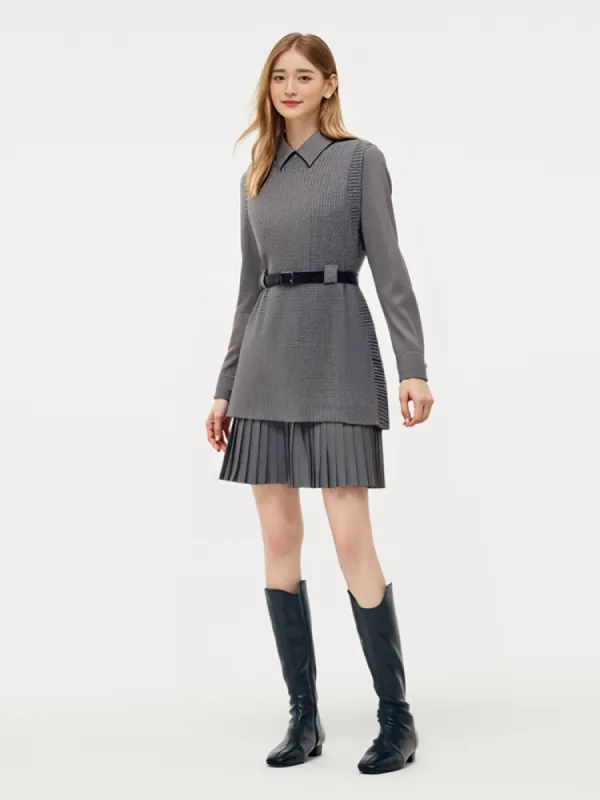 Wool Blend Knit Vest And Shirt Mini Dress Two-Piece Set With Belt sold by Goelia