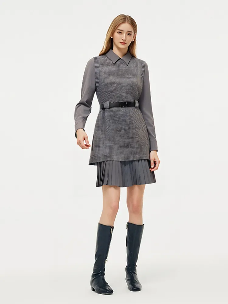 Wool Blend Knit Vest And Shirt Mini Dress Two-Piece Set With Belt sold by Goelia product image thumbnail 3