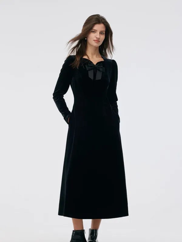 Velvet Scallop Neckline Women Midi Dress sold by Goelia