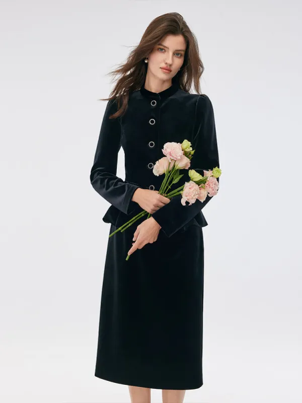 Velvet Mandarin Collar Ruffle Hem Jacket And Back Slit Skirt Two-Piece Set sold by Goelia