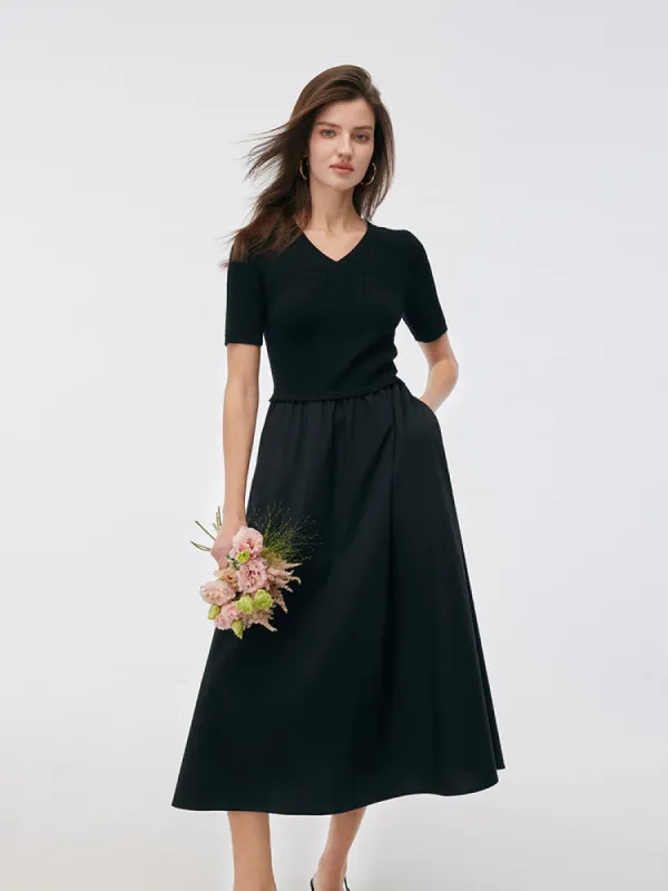 Tencel V-Neck Patchwork Women Midi Dress sold by Goelia