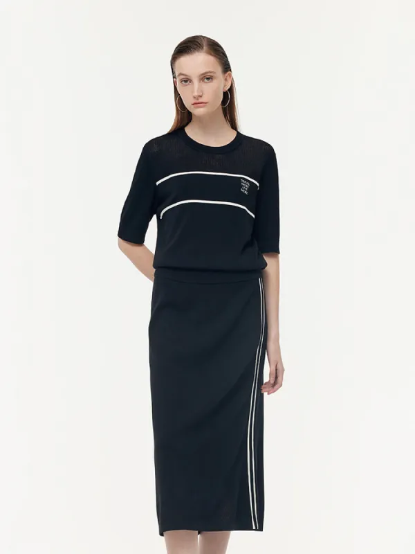 Contrast Stitch Knit Top And Skirt Two-Piece Set sold by Goelia