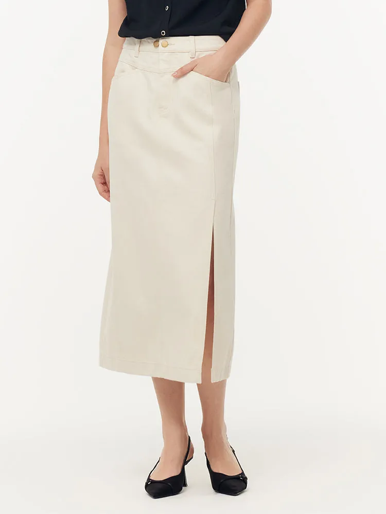 100% Cotton Denim Adjustable Waist Women Slit Skirt sold by Goelia