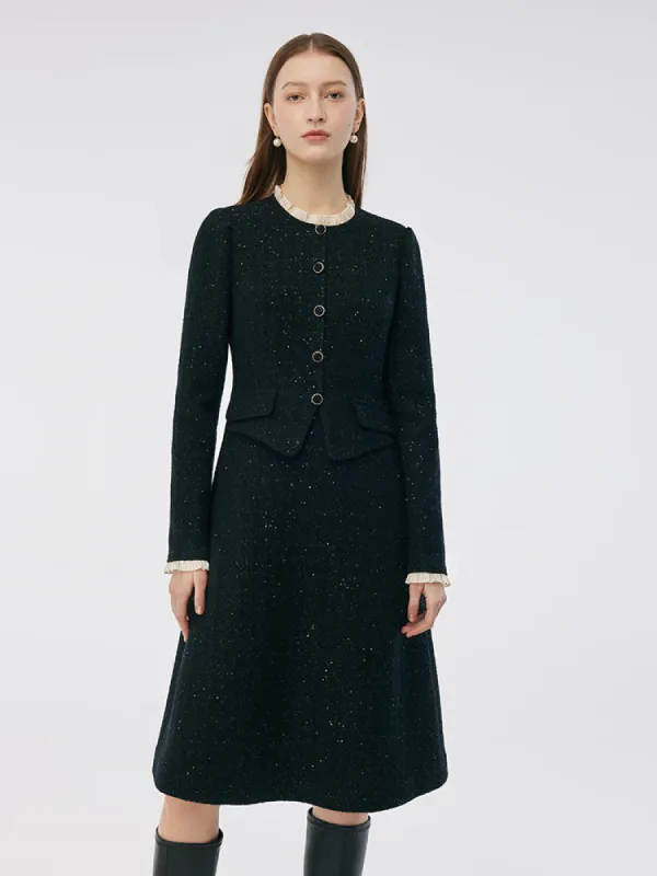 Wool Blend Sequins Tweed Ruffle Collar Women Midi Dress sold by Goelia