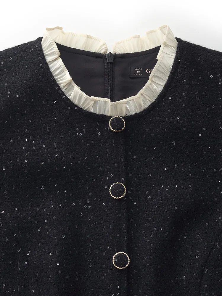 Wool Blend Sequins Tweed Ruffle Collar Women Midi Dress sold by Goelia product image thumbnail 2