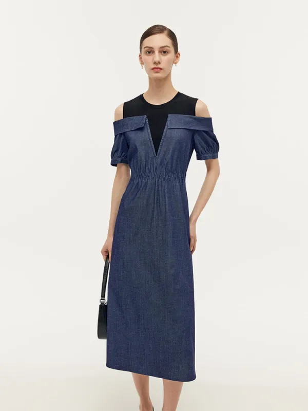 Denim Lyocell Cold Shoulder Patchwork Women Midi Dress sold by Goelia